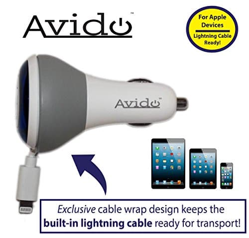 Avido™ Lightning Car Charger with Exclusive *Built-in Cable Wrap* and Two High-Speed 2.4A / 2.1A USB Ports - 2.3 Feet (70cm) - for iPhone 6/ 6s, iPhone 6/ 6s Plus, iPhone 5, iPhone 5c, iPhone 5s, iPad 4, iPad Air, iPad Air 2, iPad Mini, iPad Mini 3, iPod Touch 5, iPod Nano 7. Pefect For Travel and Tangle Free Cables (4.5A, 22W Total Output)- White & Gray w/ Blue LED Indicator Light