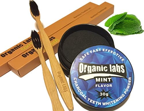 Organic Labs Teeth Whitening Mint Flavored Activated Charcoal and Two Charcoal Infused Organic Bamboo Toothbrushes.