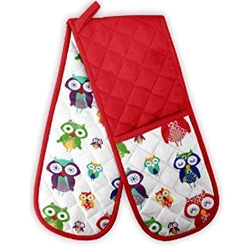 Jungle Forest Owl Bird Red Double Kitchen Bbq Oven Cooking Baking Gloves Mitts Thick Padded Cotton Mittens