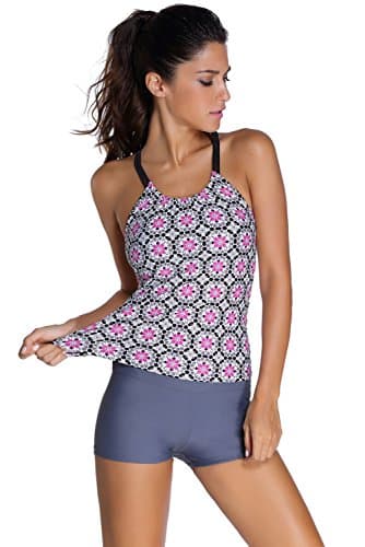 Qika Women Banded Printed Solid Color Tankini Top with Short Swimsuit,Grayish,L