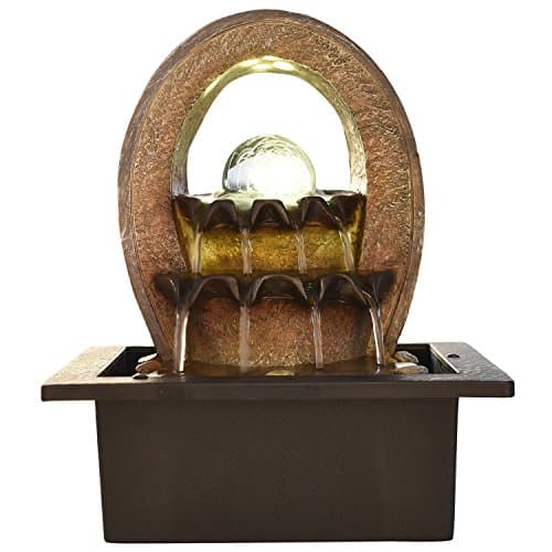 CHRONIKLE Polyresin Brown Designer Oval Table Top Indoor 2 Steps Waterfall Fountain with Yellow LED Lights, Water Flow Controller Pump & Crystal Ball ( Size: 25 x 21 x 18.5 CM | Weight: 1180 grm )