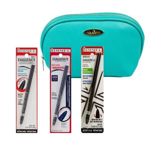 Rimmel Exaggerate Waterproof Eye Definer Kit with Three Colors Rich Brown, Deep Ocean and Black with Aquamarine Draizee Leather Cosmetic Bag