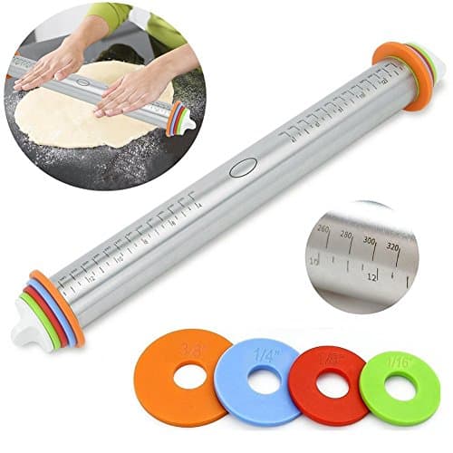 Guzack Rolling Pin Non-stick Stainless Steel Spacers for Baking With 4 Adjustable Thickness Guide Rings Removable Dough Roller For Pasta,Cookie Dough,Pastry,Bakery,Pizza,Dishwasher Safe (17 Inch)