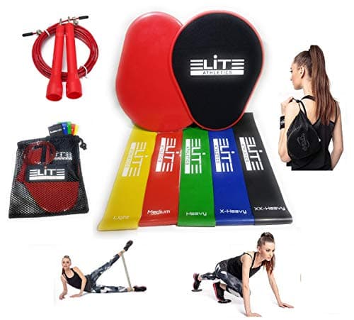 Gliding Discs Core Sliders Set of 2 and Exercise Resistance Bands of 5 with Speed Jump Rope and Carry Bag for Intense Low-Impact Exercises to Strengthen Core Glutes Abs, Elite Athletic Set