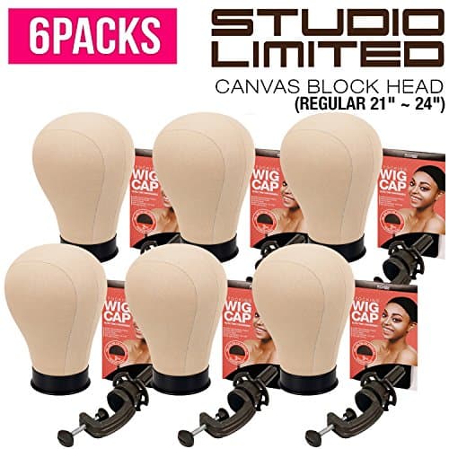 (6 PACKS) Studio Limited Wig Display Mannequin Canvas Block Head, Wig Display Head 21"~24", with Free Clamp and Free Wig Caps (21")
