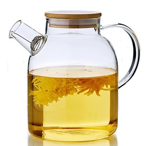 Gobize 61 Oz Large Capacity Borosilicate Glass Pitcher with Natural Bamboo Lid and Stainless Strainer