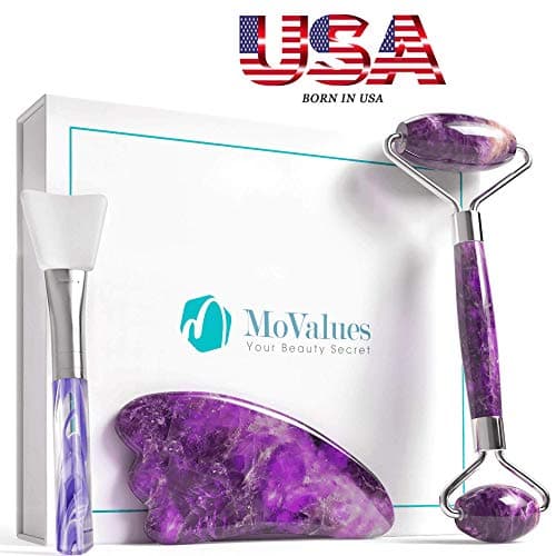 Amethyst Jade Roller and Gua Sha Set - Jade Roller for Face - Real 100% Jade - Face Roller for Wrinkles, Anti Aging - Authentic, Durable, Natural, No Squeaks - with Mask Brush (Amethyst)