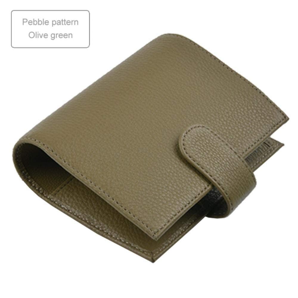 Qingb Genuine Leather Rings Notebook Brass Binder Mini Agenda Organizer Cowhide Diary Journal Sketchbook Planner Big Pocket,Pebble Olive Green,A7 Cover 142x115mm