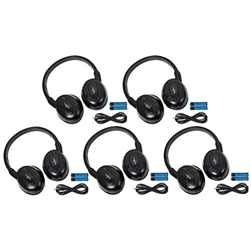 5 Pack of Two Channel Fold Flat Adjustable Universal Entertainment System Infrared Headphones 5 Additional 48" 3.5mm Auxiliary Cords Wireless IR DVD Player Head Phones Car TV Video Audio Listening