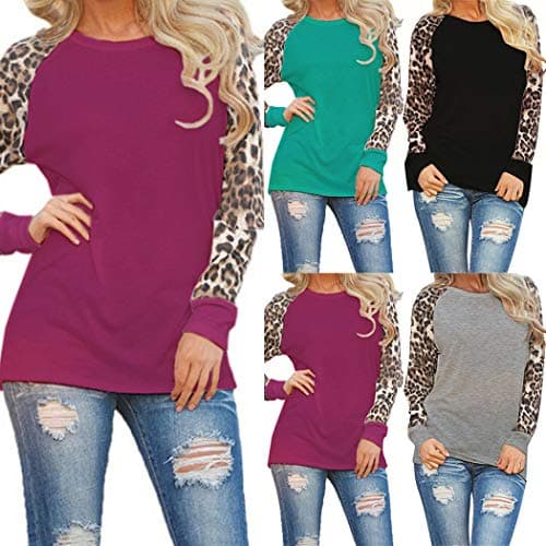 Donet Women's Casual O-Neck Long Sleeve Top Leopard Patchwork T-Shirt