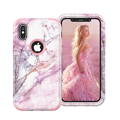 iPhone X case WELLDFUL Dual Layer Heavy Hybrid Shockproof Protective Soft Silicone + Hard PC Case Artistic-marble pattern-Rosegold