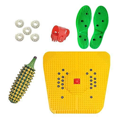 Cure18 Acupressure Power Mat 2000 with Karel and Toe Ring Pain Relief and Total Health + 5 Pcs Sujok Rings Combo pack of 9 (1 Pair set of Accupressure Shoe Sole