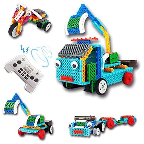 4 in 1 Remote Control Building Excavator Blocks, RC Robotic Construction Bicycle Block of Vehicle Toy, Trailer Truck Robot Bricks Kit Set Gift for Kids, Tech Boys & Girls Age 6-12