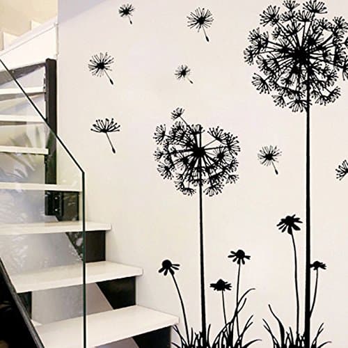 Futemo Black Dandelion Flower Wall Stickers Creative Plant Tree Wall Sticker Wallpaper Large Removable Home Decal Room Decorations