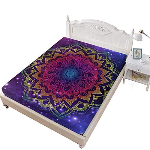 Oliven Queen Fitted Sheet Tie Dye Mandala Printed Deep Pocket Purple Sheet Bedroom Decor 1 Piece Queen Size Bed Fitted Sheet