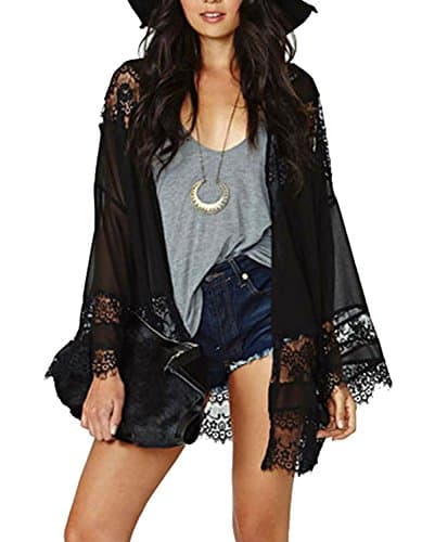 Sakya Women's Crochet Lace Mesh Patchwork Kimono Beach Cover up Blouses Top (Black)
