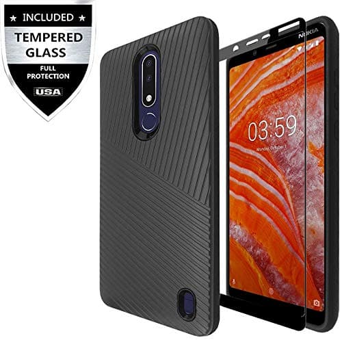 IDEA LINE Textured Embossed Lines Hard Plastic PC TPU Hybrid with Tempered Glass Screen Protector for Nokia 3.1 Plus - Black