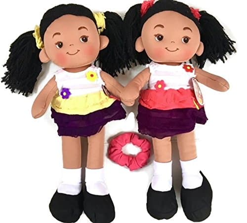 African-American Girl Doll Bundle - 3 items: Two Rag Dolls Aissa by Linzy (16-inch) with Boutique Scrunchie for Little Girl