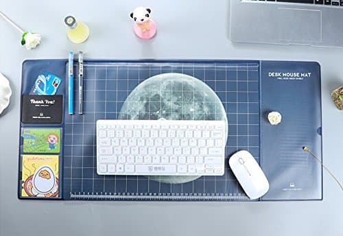 Large Size Desk Mat Pad Anti-slip Waterproof Desktop Pad with Lovely Pattern, Pockets, Dividing Rule and Pen Groove (Moon)
