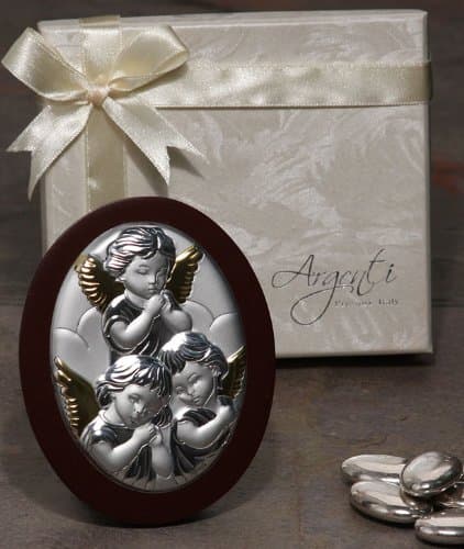Large 2-Tones Silver and Gold Angels Oval icon on Mahogany Wood - Made in Italy