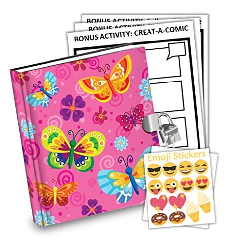 The Kids Merchant Pink Butterfly Kids Diary With Lock Includes 6.5 Inch Diary, Stickers, & Bonus Activity Pages
