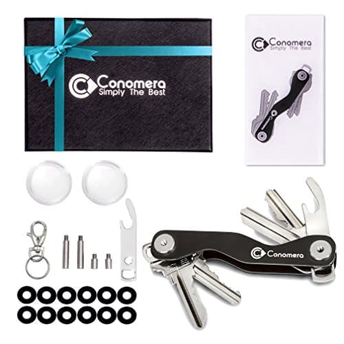 Compact Smart Key Holder Organizer – Pocket Clip Keychain Expandable Smart Organizer Holds Up To 18 Keys – Strong Aluminum Stainless Steel Gadget Key Holder with Bottle Opener by Conomera (Black)