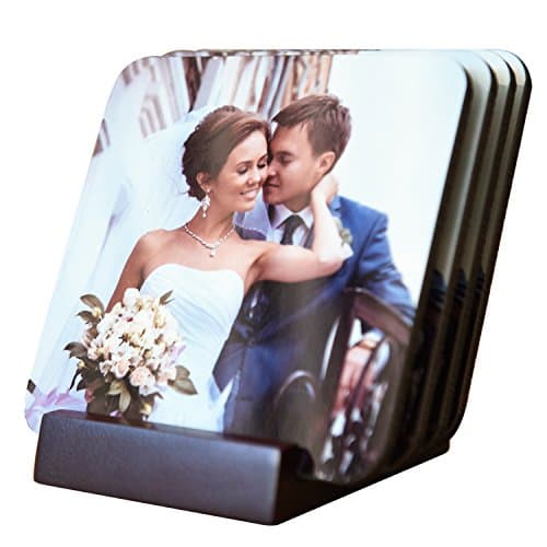 RitzPix Set of 4 Customizable Cork & Plastic Coasters with Cherry/Mahogany Stand - Perfect Personalized Gift with Custom Image or Text