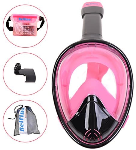 Panoramic Full Face Snorkel Mask Bundle - Belfino 180° View Snorkel Mask with Anti Fog Technology and Dry Top Snorkel. Removable GoPro Camera Mount and Waterproof Pouch Included