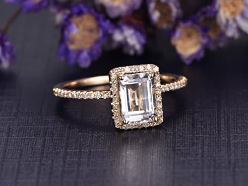 6x8mm Emerald Cut Topaz Engagement Ring,Solid 14K Yellow Gold Band,Wedding Promise Ring,Halo Ring,VS White Topaz,Ball Prongs