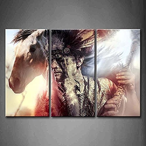 TMD Shop 3 Panel Wall Art American Indian Warrior Man With Feather Headdress And Tomahawk Horse Gray Background Painting Pictures Print On Canvas People The Picture For Home Modern Decoration piece