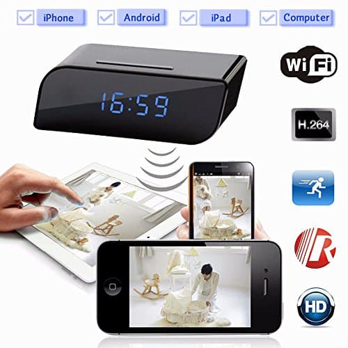 WIFI Hidden Spy Camera Clock 1080p HD Night Vision 24 Hour Plug-in Motion Detection Intercom Remote Access via Smartphone Tablet PC Nanny Cam (INCLUDES 8GB Memory)