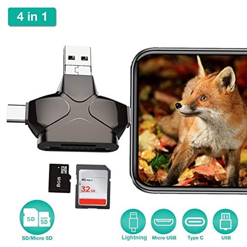YsinoBear 4 in 1 SD Card Reader, USB 3.0 Micro SD Card Reader Trail Camera Viewer for iPhone iPad MacBook Android, Memory Card Adapter with Lightning OTG Type C, Hunting Game Cam Photo and Video Viewe