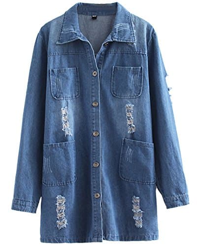 HOOBEE DENIM Women's Distressed Long Denim Jacket
