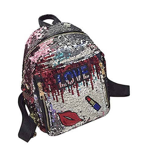 Blansdi Glitter Sequin Backpack for Girls Reversible Magic School Bag Bookbag Shiny Leather Travel Daypack Red