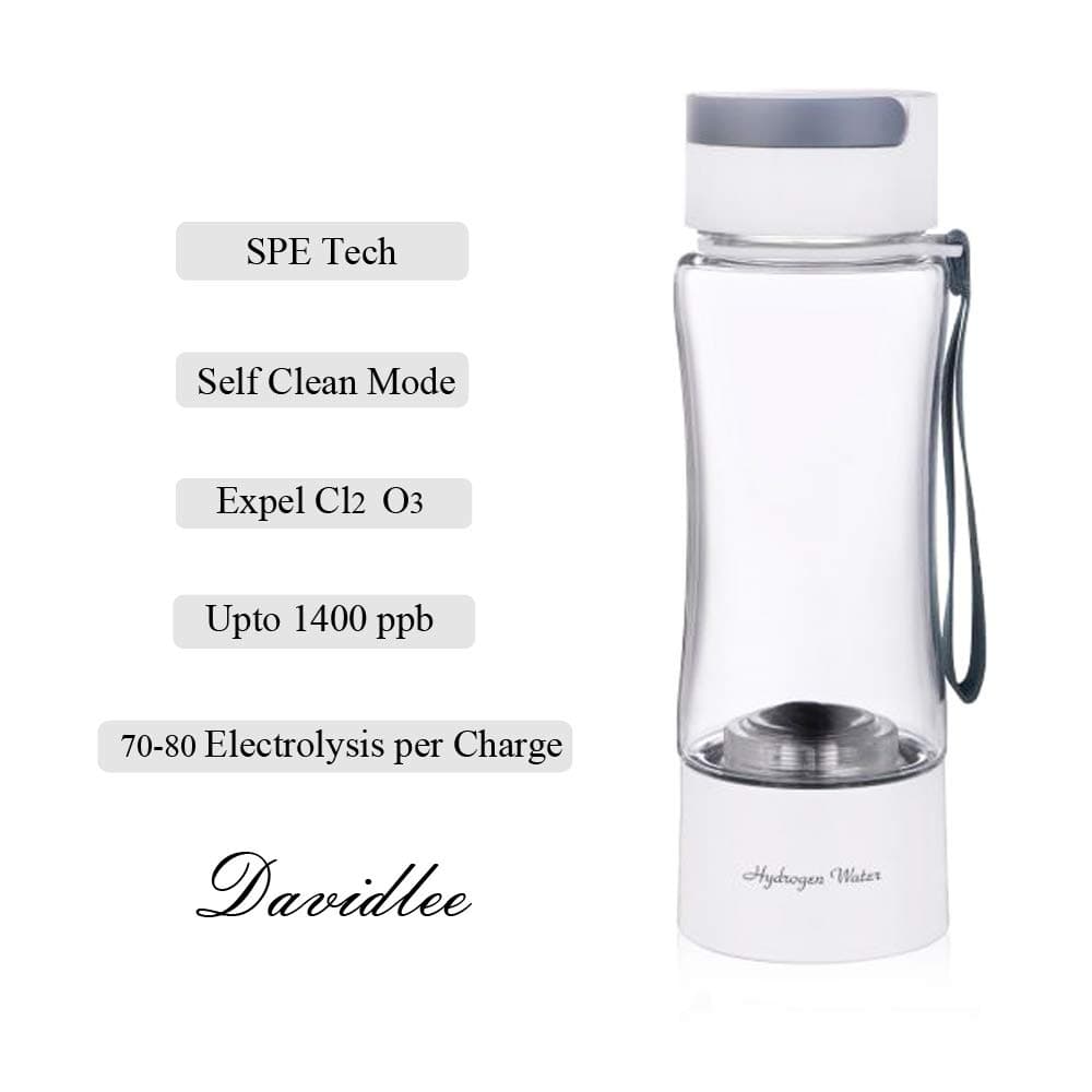 Davidlee Portable Hydrogen-Rich Generator Water Bottle SPE Technology Ionizer Mode 3 mins Self- cleaning Function High Concentration Discharge Ozone and Chlorine - 380ml F6