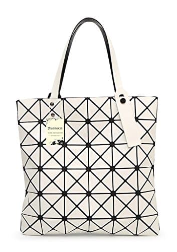 Womens Checkered Tote Bag,PU Leather Geometric Diamond Split Joint Shoulder Bag Top Handle Bag (White)