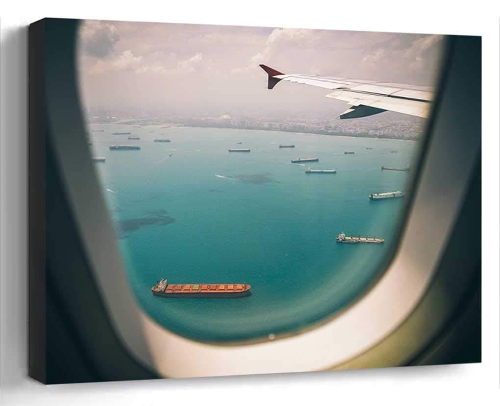 Wall Art Print Canvas Framed Artwork Home Decor(20x16 in)- Window Airplane Airline Travel Trip Sky Sea