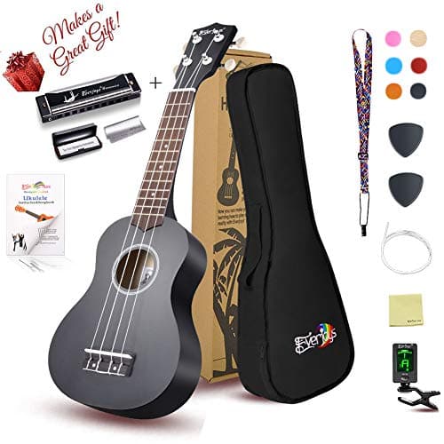 Soprano Ukulele Beginner Pack-21 Inch w/ Gig Bag Fast Learn Songbook Digital Tuner All in One Kit (Black color)