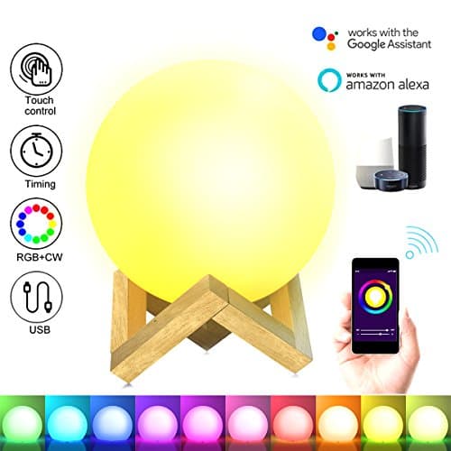 MICINI Smart Mood Light Compatible with Alexa and Google home Wifi smart bedroom night light controlled by smartphone Smart mood light with wooden support (circle)