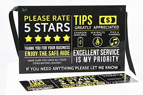 Uber Lyft Tip and Rating Sign for Rideshare Drivers Front and Rear 4 Signs 10 MIL Durable Laminate