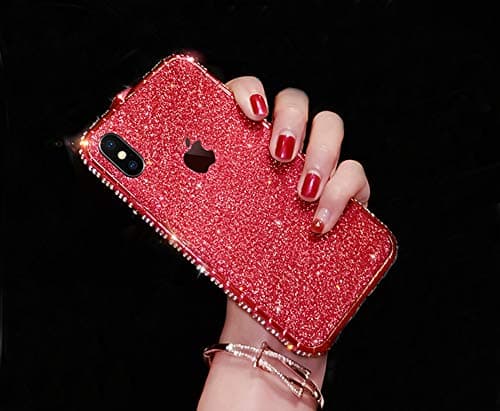 MeiQing iPhone Xs Max Case Glitter Bling Back Skin Sticker + Crystal Edge Cover for iPhone Xs Max with Screen Protector (Red)
