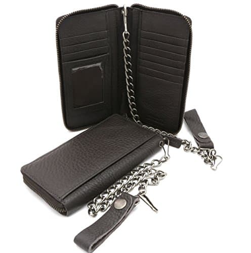 Bifold Dark Brown Genuine Leather Checkbook Holder Zip-around Wallet w/ a Chain