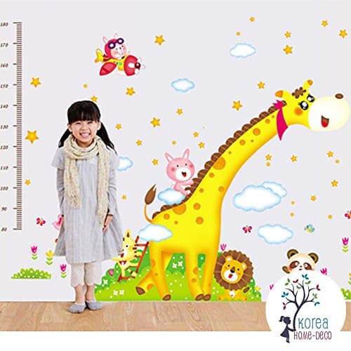 Korea Home Deco Huge 5.3' Ft (h) x 7.5' Ft (w) Giraffe Growth Chart Wall Decals for Kids Rooms, Nursery, Baby, Boys & Girls Bedroom - Peel & Stick, Large Removable Vinyl Wall Stickers - Sticker of Panda, Lion, Rabbit, Giraffe, Cute Animals, and Colorful Flowers