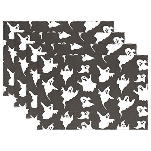 ALIREA Halloween Ghost Pattern Placemats, Heat-resistant Placemats Stain Resistant Anti-skid Washable Polyester Table Mats Non Slip Easy Clean Placemats, 12"x18", Set of 6