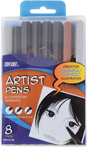 Pro-Art Artist Pen, Black/Brown/Grey, 8-Pack