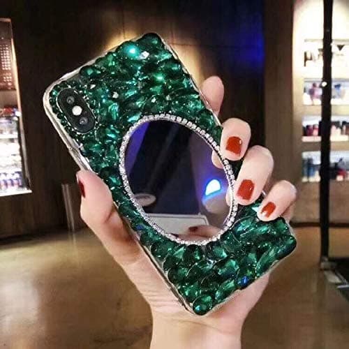 Artfeel Glitter Mirror Case for Samsung Galaxy S10+/S10 Plus,Handmade 3D Bling Sparkle Diamond Shiny Crystal Rhinestone Back Cover,Soft Silicone Clear Makeup Mirror Case for Girls Women-Green