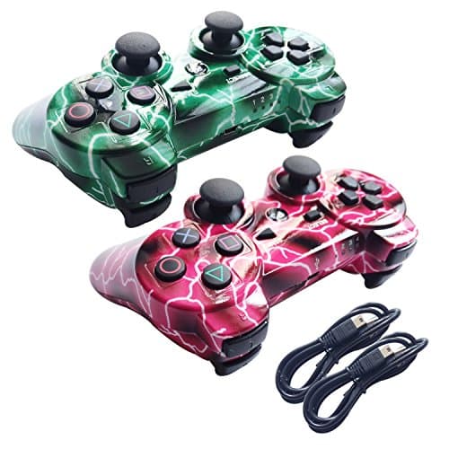 Tevodo 2 Packs Wireless Bluetooth Controllers For PS3 Double Shock - Bundled with USB charge cord (Green lightning and Red lightning)