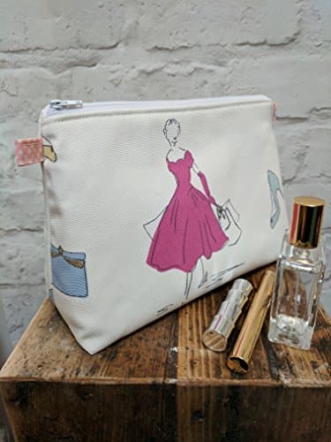 Large Make Up Bag / Medium Sized Washbag in beautiful Audrey Hepburn inspired 50's Print with Striped Cotton Lining. 25cm(10")Wide, 18cm(7")Tall by 10.5cm(4")Deep. Handmade in Dorset