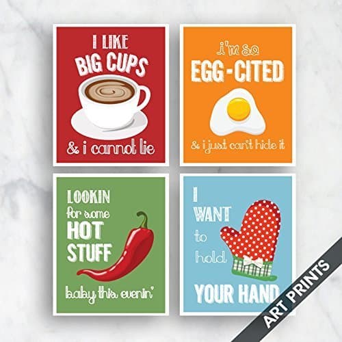 Big Cups, Egg-Cited, Hot Stuff, Hold Hand (Funny Kitchen Song Series) Set of 4 5x7 inch Unframed Art Prints (Featured in 12, 15, 18, 10) Kitchen Art- Larger sizes available by choosing drop down menu