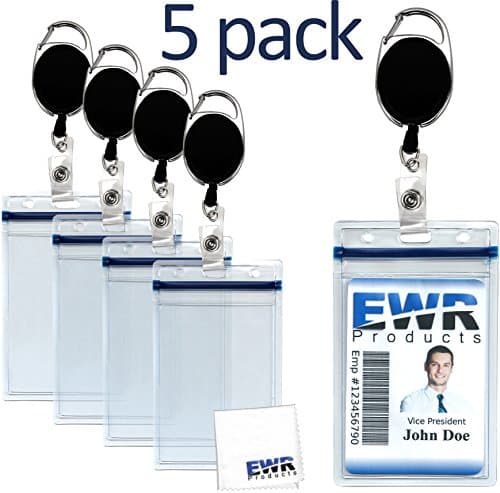 5 Heavy Duty Verticle ID Badge Holders + 5 Retractable Reels w/Carabiners & Back Belt Clips